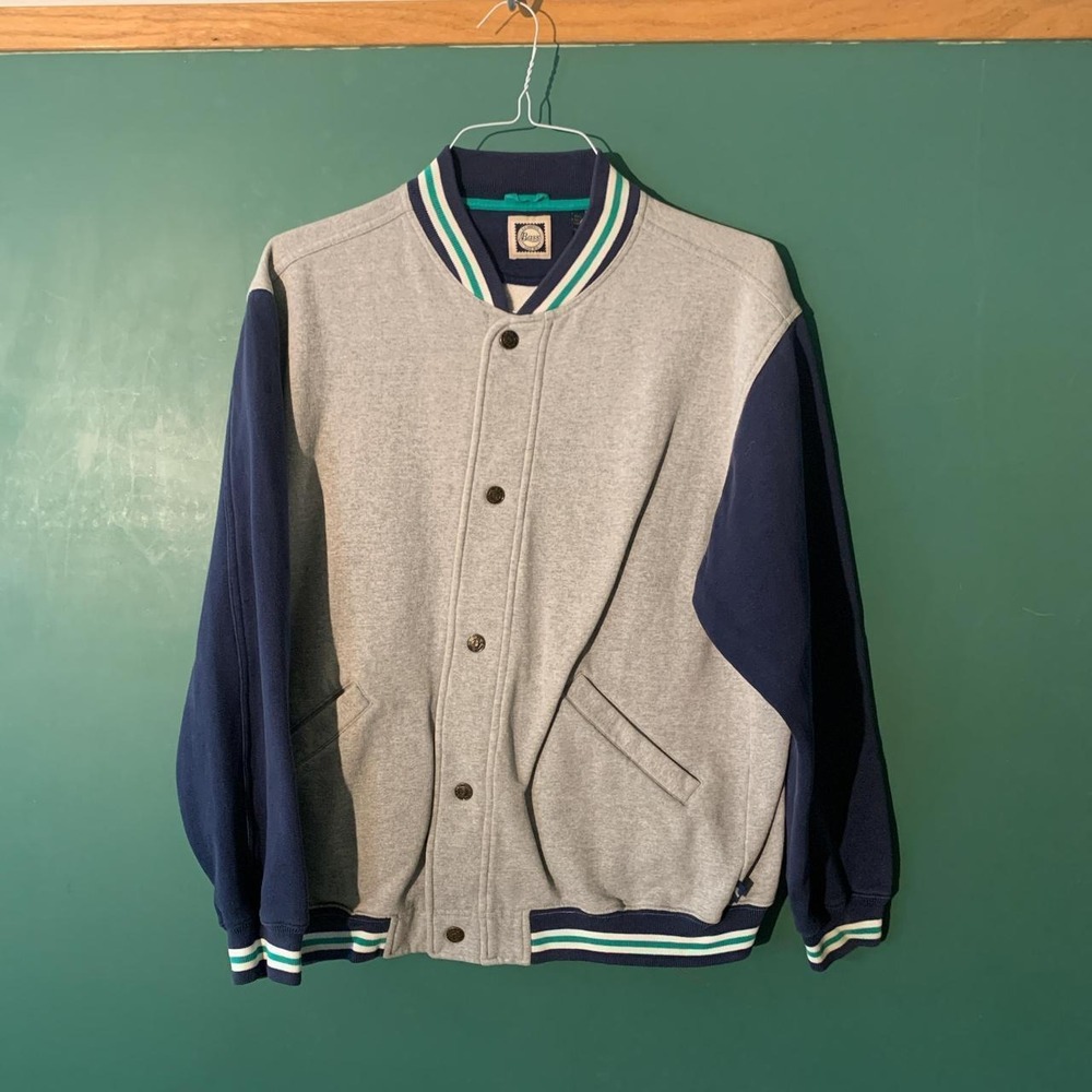 Bass Vintage Varsity Jacket Mens Medium Navy Grey Cotton Baseball Coat Retro